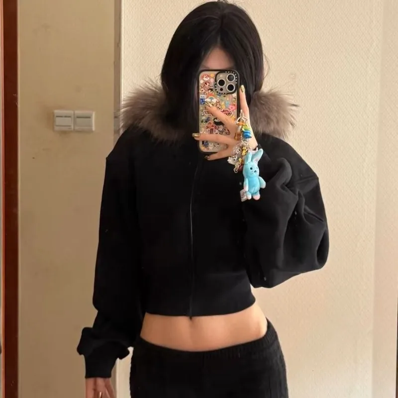 Gothic Black Hooded Coat for Women Harajuku Zipper Swratshirts Vintage Crop Tops Korean Thick Fashion Hoodies Casual Y2k Jackets