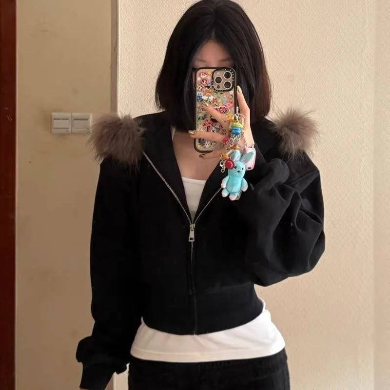 Gothic Black Hooded Coat for Women Harajuku Zipper Swratshirts Vintage Crop Tops Korean Thick Fashion Hoodies Casual Y2k Jackets