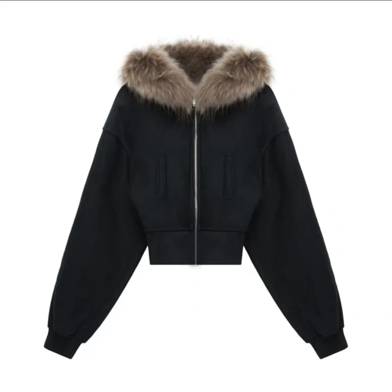 Gothic Black Hooded Coat for Women Harajuku Zipper Swratshirts Vintage Crop Tops Korean Thick Fashion Hoodies Casual Y2k Jackets