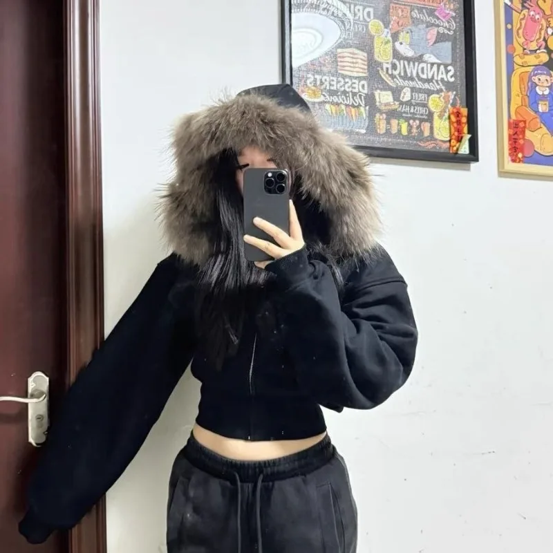 Gothic Black Hooded Coat for Women Harajuku Zipper Swratshirts Vintage Crop Tops Korean Thick Fashion Hoodies Casual Y2k Jackets