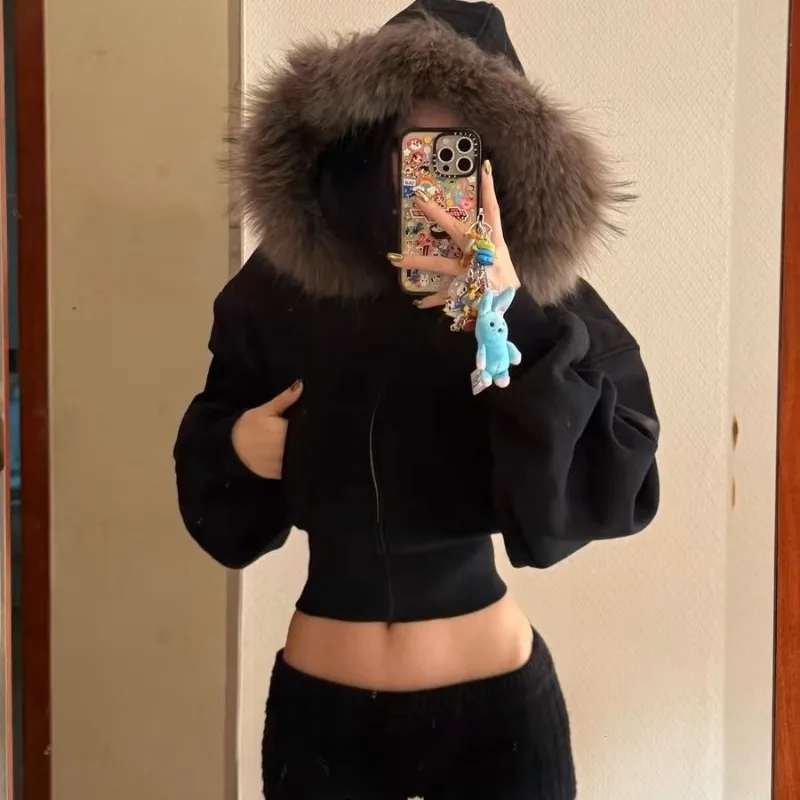 Gothic Black Hooded Coat for Women Harajuku Zipper Swratshirts Vintage Crop Tops Korean Thick Fashion Hoodies Casual Y2k Jackets