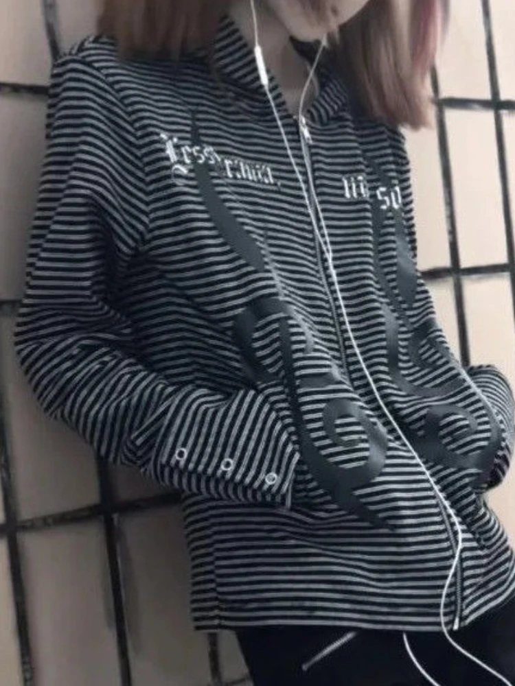 Subculture Vintage Long Sleeve Striped Hoodie High Street Hepburn Zipper Musical Note Print Coat Hot Girl Aesthetic Y2k Clothing