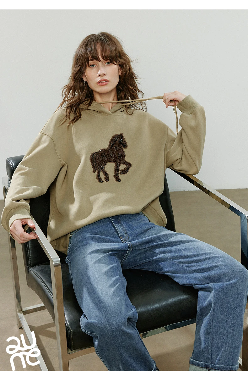 TOYOUTH Women Hoodies 2025 Winter New Loose Crew-neck Warm Applique Embroidery Tops