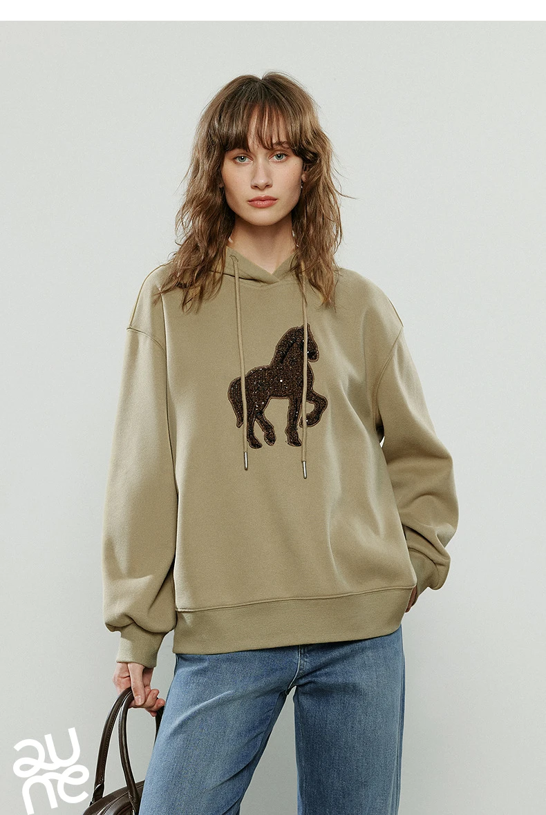 TOYOUTH Women Hoodies 2025 Winter New Loose Crew-neck Warm Applique Embroidery Tops