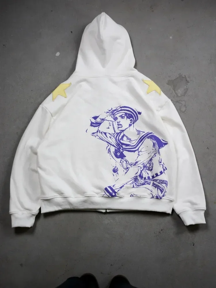 JoJo SBR Johnny Joestar Hoodie Anime Zip Up Jacket Y2K Aesthetic Star Print Oversized Casual Streetwear Sweatshirt