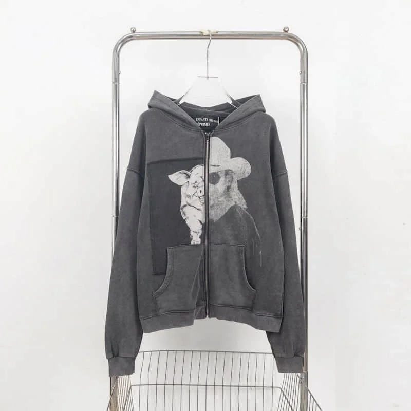 Oversized Hoodies for Women and Men Ins Trendy Zip Up Cardigan Hooded Coats Patchwork Printed Hooded Sweatshirts Jackets Autumn
