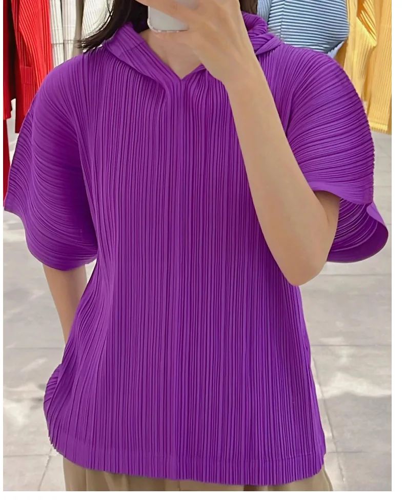 Miyake Pleated Top for Women 2026 Spring New Fashion Versatile Short-sleeved Fashion T-shirt for Women Folding Hooded Sweatshirt