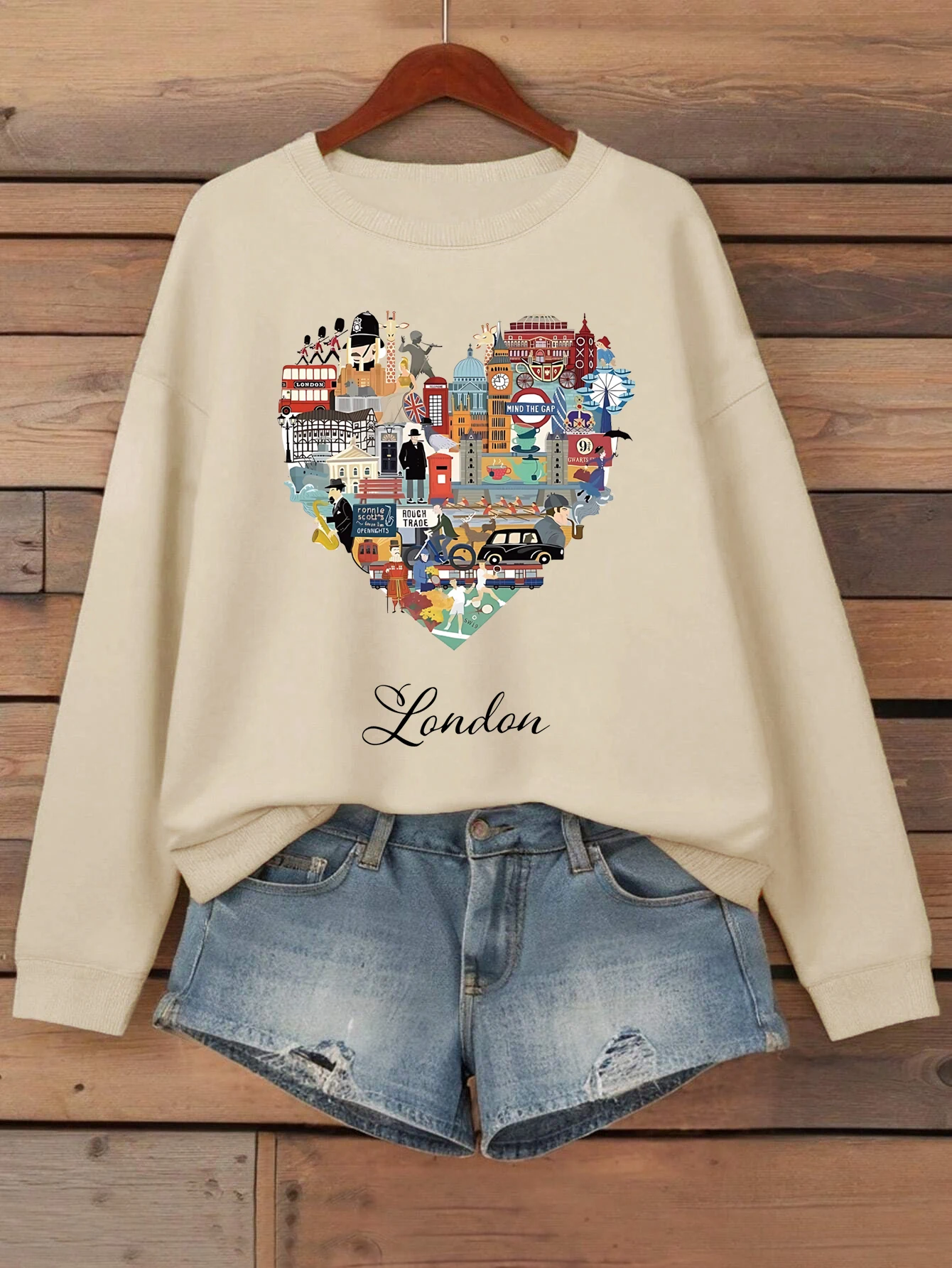 London Heart Street View Print Sweatshirt Women Fleece Hip Hop Streetwear Loose Autumn Clothes Comfortable O-Neck Pullovers