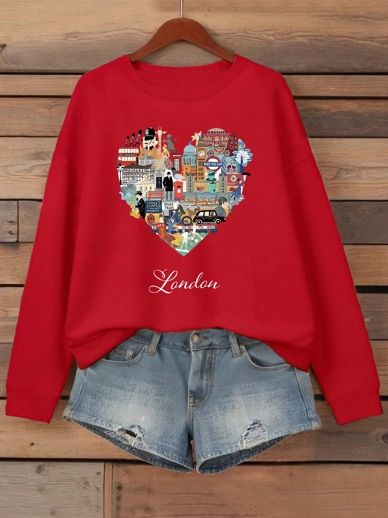 London Heart Street View Print Sweatshirt Women Fleece Hip Hop Streetwear Loose Autumn Clothes Comfortable O-Neck Pullovers