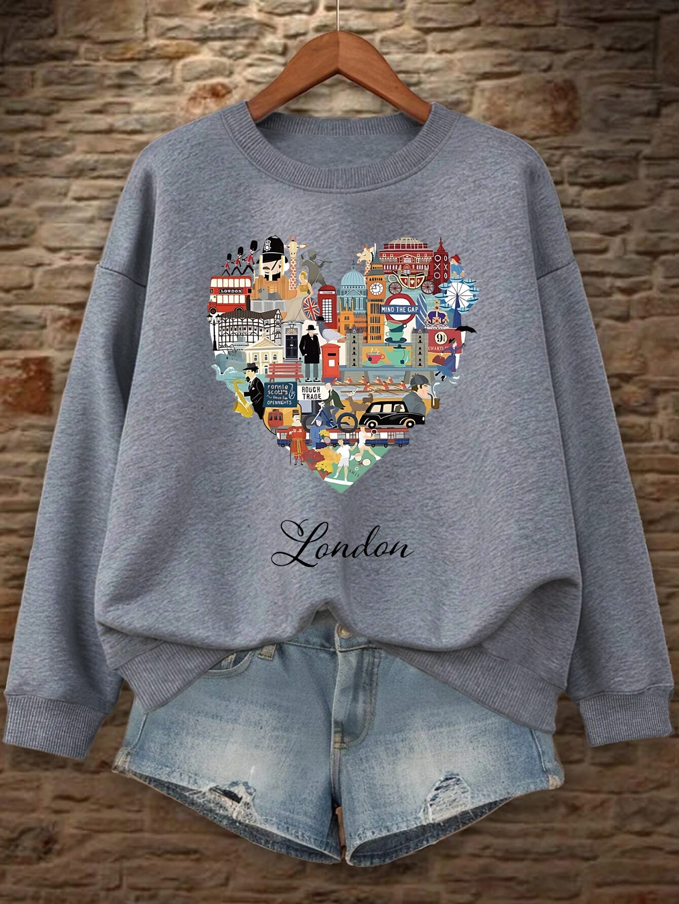 London Heart Street View Print Sweatshirt Women Fleece Hip Hop Streetwear Loose Autumn Clothes Comfortable O-Neck Pullovers
