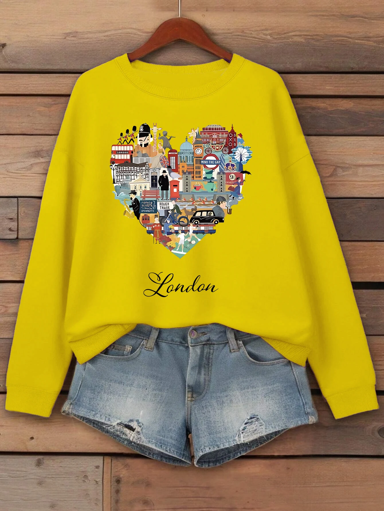London Heart Street View Print Sweatshirt Women Fleece Hip Hop Streetwear Loose Autumn Clothes Comfortable O-Neck Pullovers