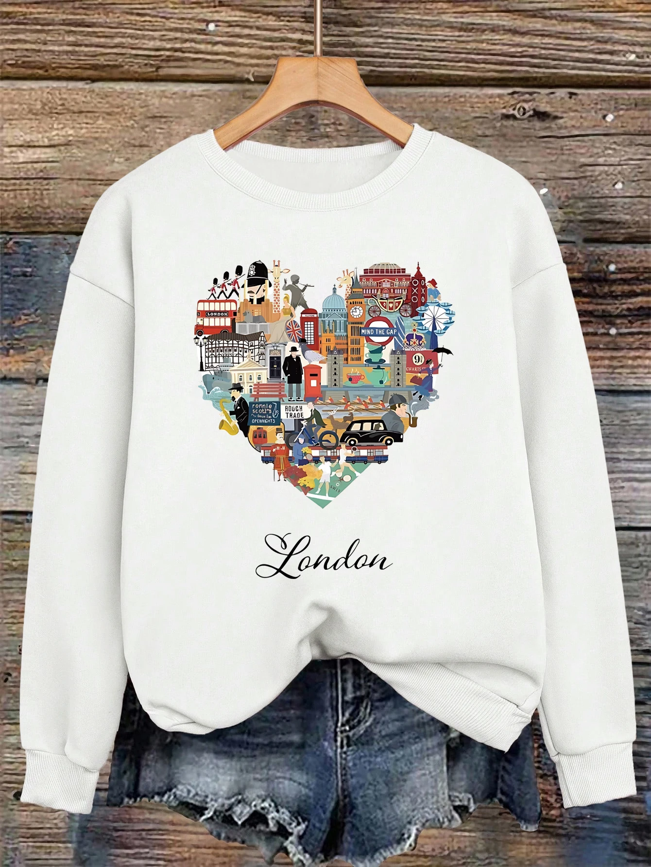 London Heart Street View Print Sweatshirt Women Fleece Hip Hop Streetwear Loose Autumn Clothes Comfortable O-Neck Pullovers