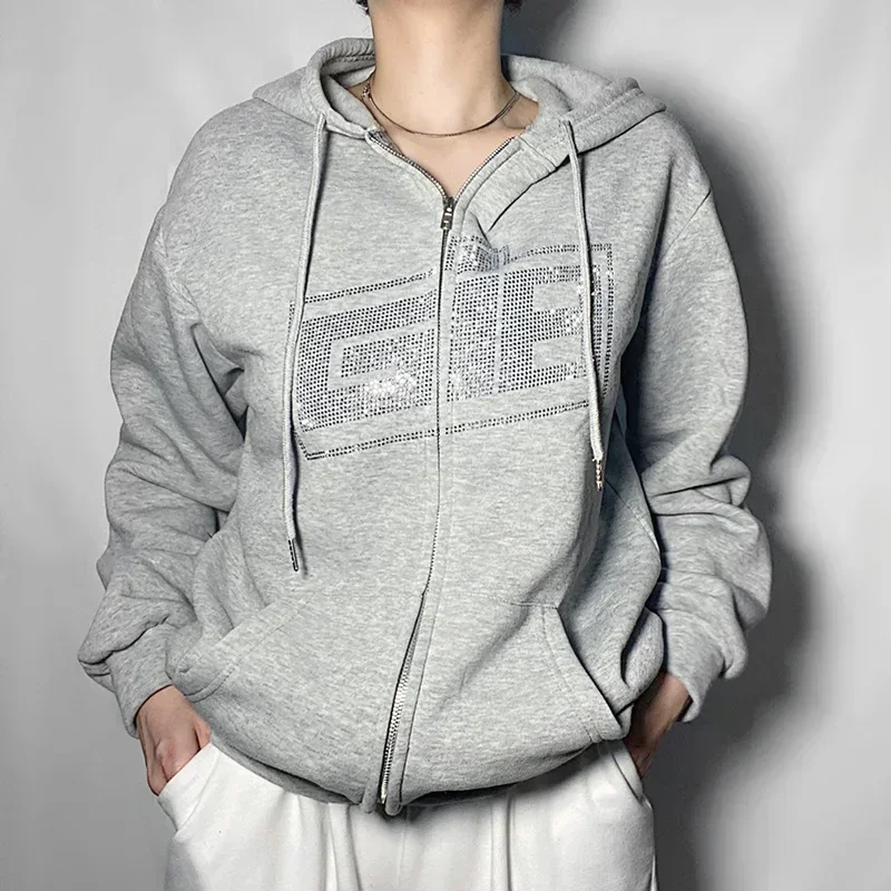 New Rhinestone Letter Print Women Long Sleeve Sweatshirt Hoodies Zipper Loose Oversized Streetwear Casual 2024 Autumn Fall