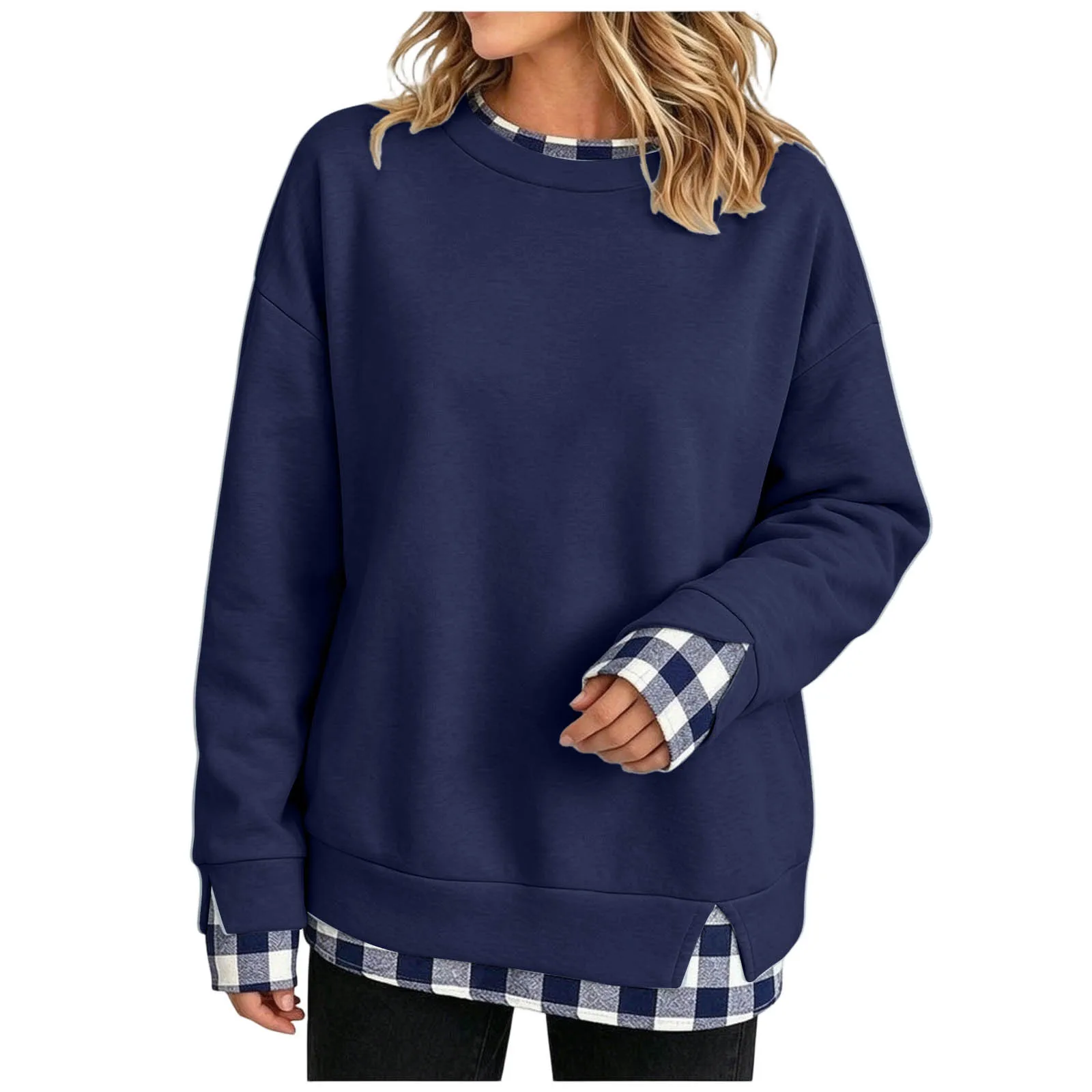 Women Fake Two-Piece Sweatshirts With Plaid Hem Side Slit Long Sleeve Pullover Tops Loose Fit Round Neck Oversize Sweatshirts
