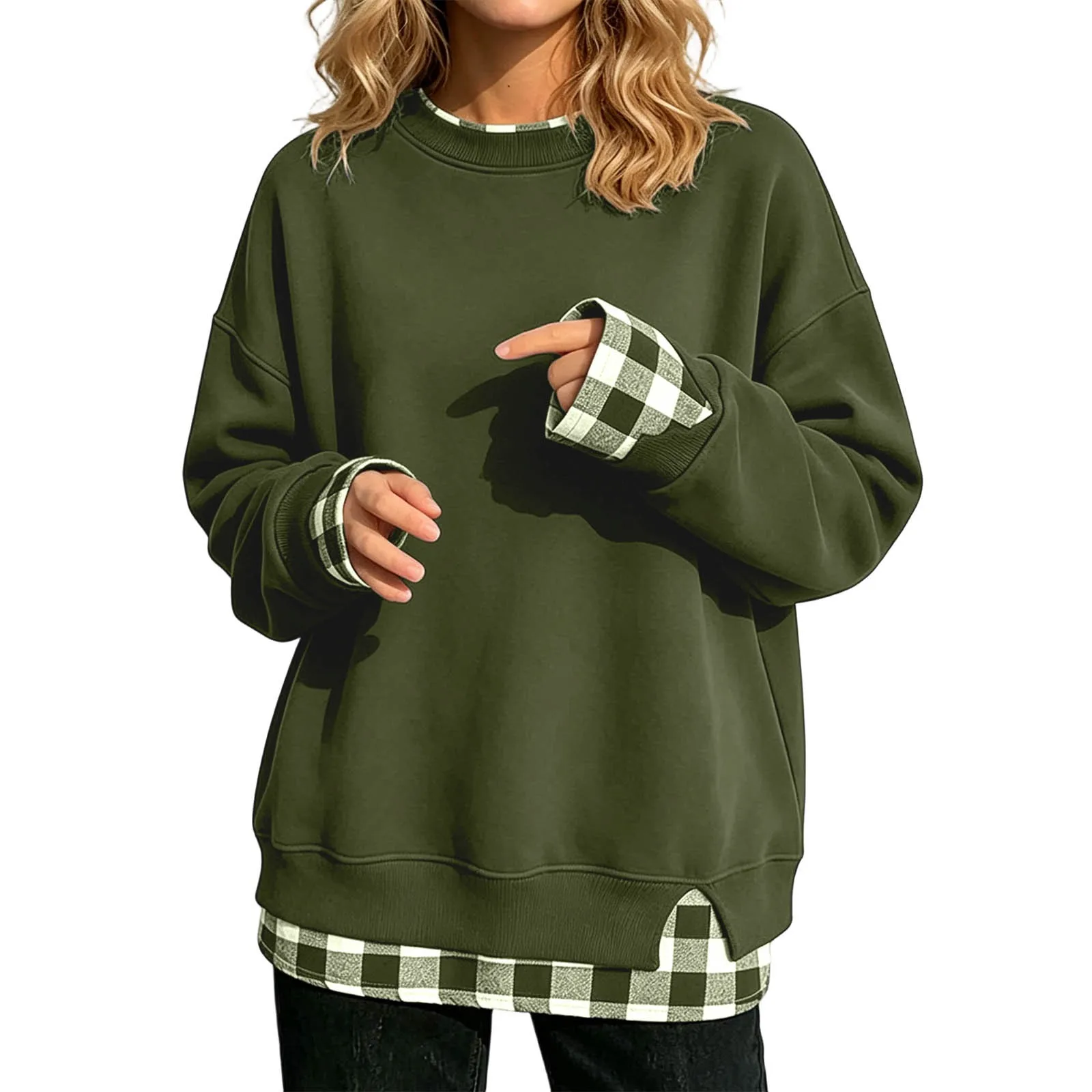 Women Fake Two-Piece Sweatshirts With Plaid Hem Side Slit Long Sleeve Pullover Tops Loose Fit Round Neck Oversize Sweatshirts