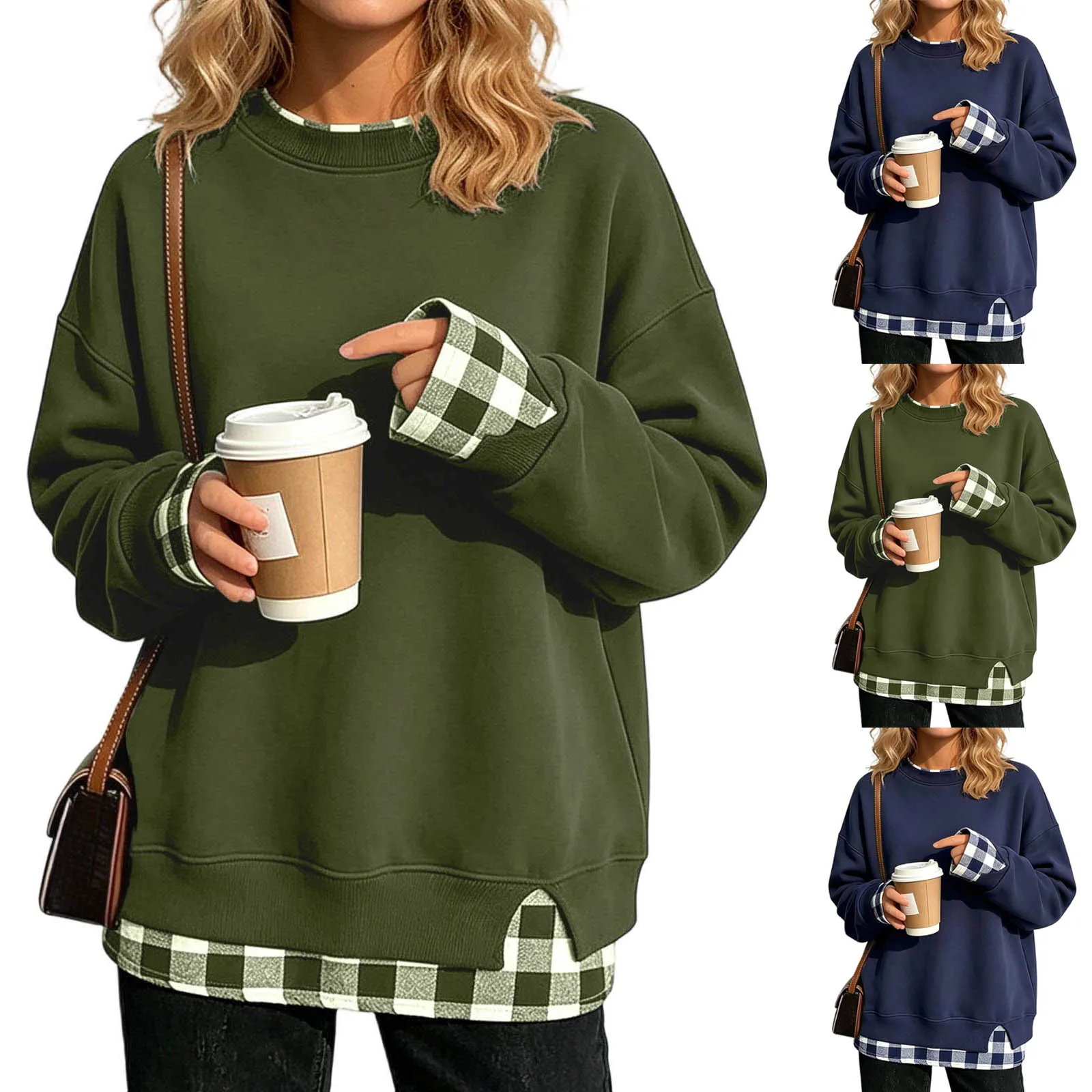 Women Fake Two-Piece Sweatshirts With Plaid Hem Side Slit Long Sleeve Pullover Tops Loose Fit Round Neck Oversize Sweatshirts