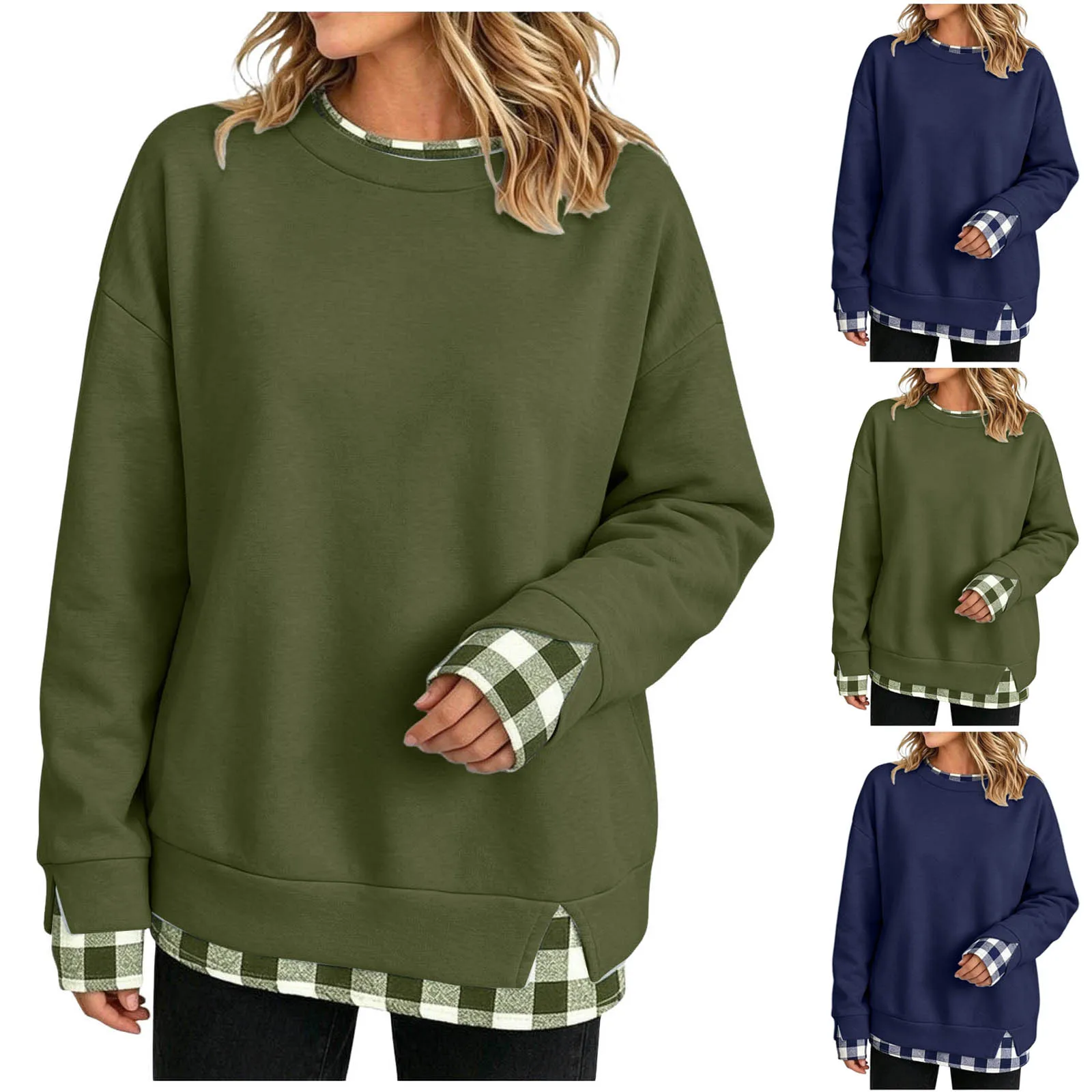 Women Fake Two-Piece Sweatshirts With Plaid Hem Side Slit Long Sleeve Pullover Tops Loose Fit Round Neck Oversize Sweatshirts