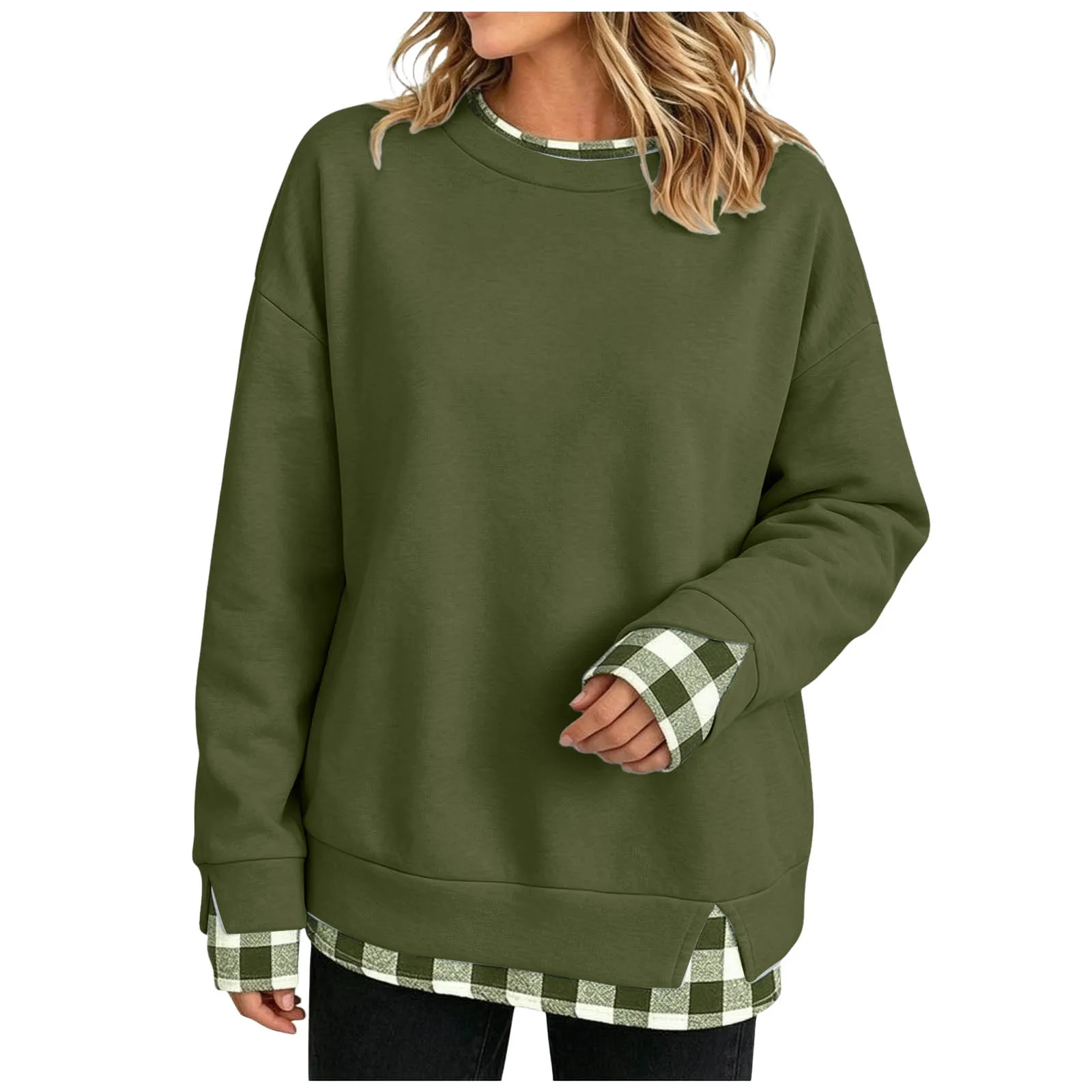 Women Fake Two-Piece Sweatshirts With Plaid Hem Side Slit Long Sleeve Pullover Tops Loose Fit Round Neck Oversize Sweatshirts
