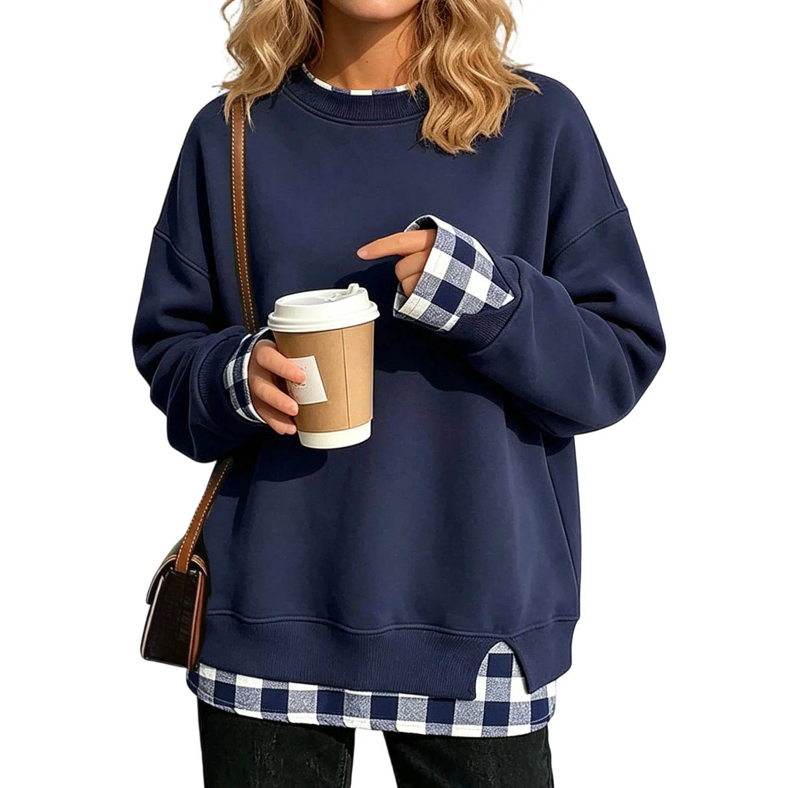 Women Fake Two-Piece Sweatshirts With Plaid Hem Side Slit Long Sleeve Pullover Tops Loose Fit Round Neck Oversize Sweatshirts