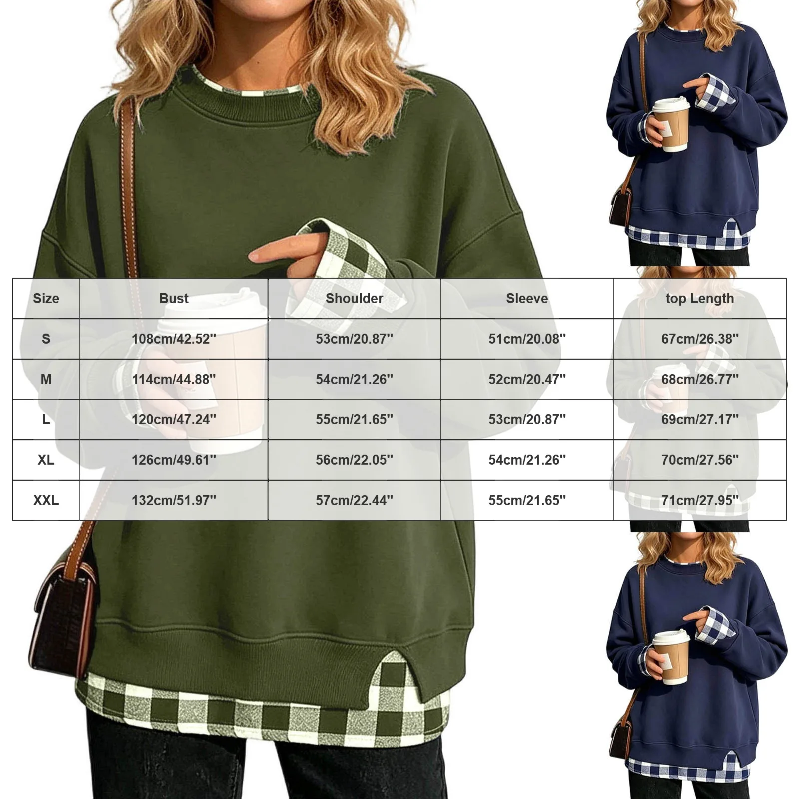 Women Fake Two-Piece Sweatshirts With Plaid Hem Side Slit Long Sleeve Pullover Tops Loose Fit Round Neck Oversize Sweatshirts