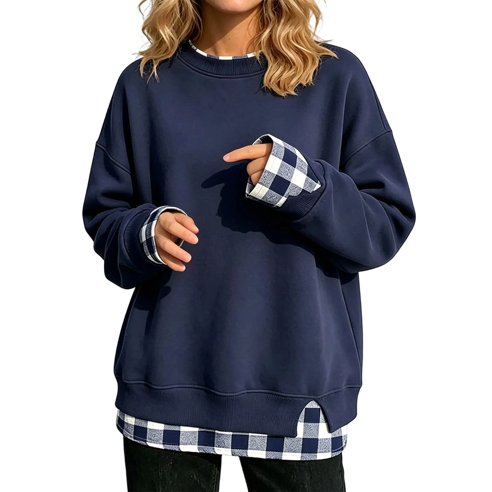 Women Fake Two-Piece Sweatshirts With Plaid Hem Side Slit Long Sleeve Pullover Tops Loose Fit Round Neck Oversize Sweatshirts