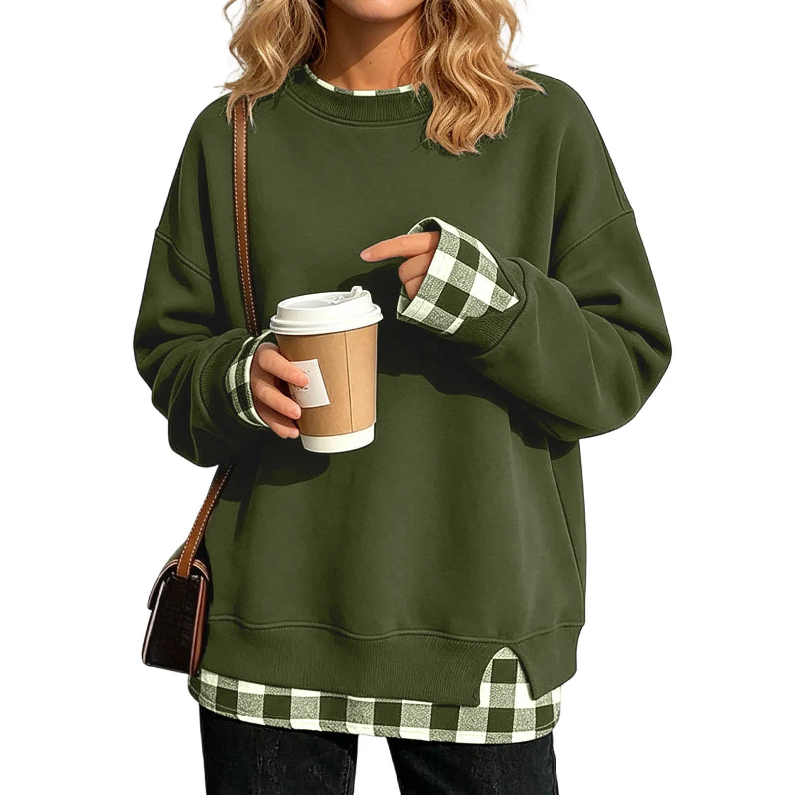 Women Fake Two-Piece Sweatshirts With Plaid Hem Side Slit Long Sleeve Pullover Tops Loose Fit Round Neck Oversize Sweatshirts