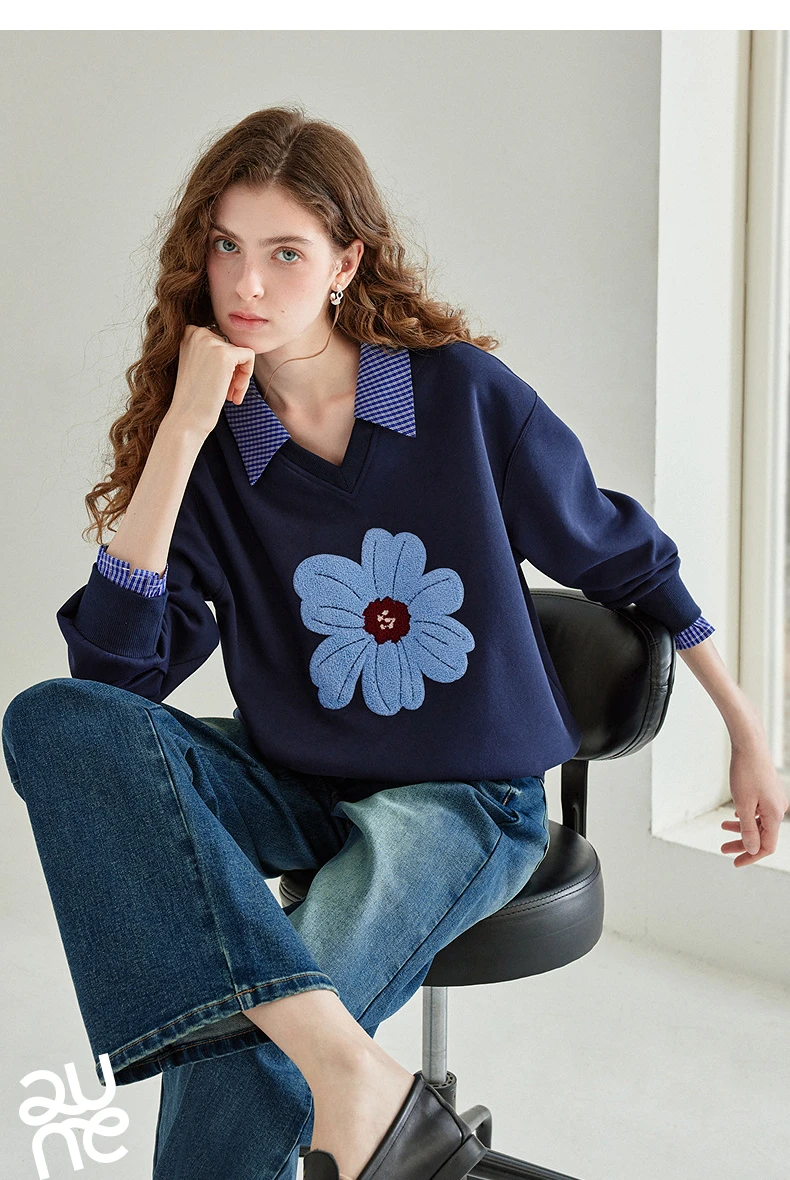 TOYOUTH Women's Fake Two Piece Sweatshirt 2026 Autumn New Arrival Meconopsis Plaid Turn Down Collar Splicing Loose Top