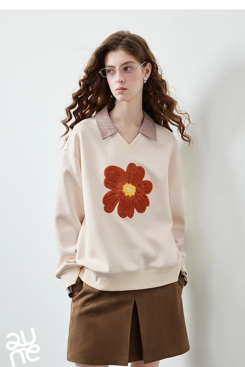 TOYOUTH Women's Fake Two Piece Sweatshirt 2026 Autumn New Arrival Meconopsis Plaid Turn Down Collar Splicing Loose Top