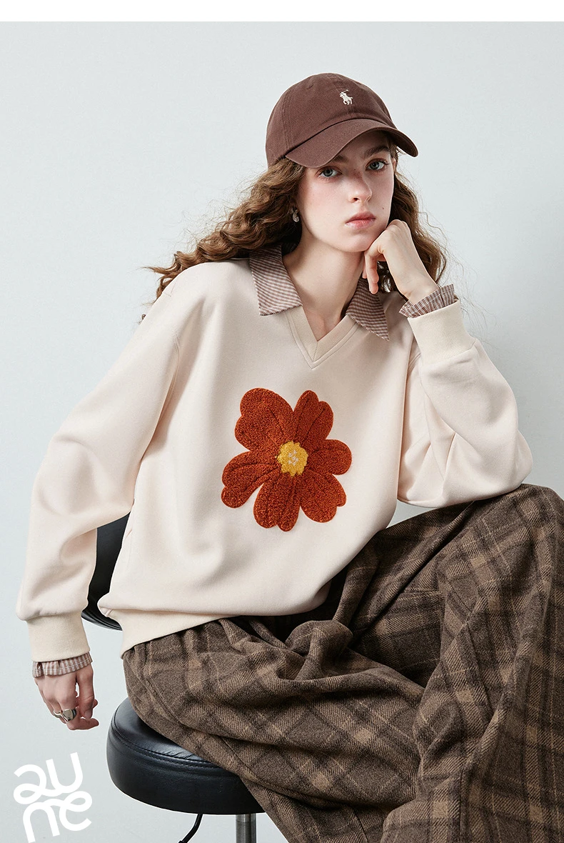 TOYOUTH Women's Fake Two Piece Sweatshirt 2026 Autumn New Arrival Meconopsis Plaid Turn Down Collar Splicing Loose Top