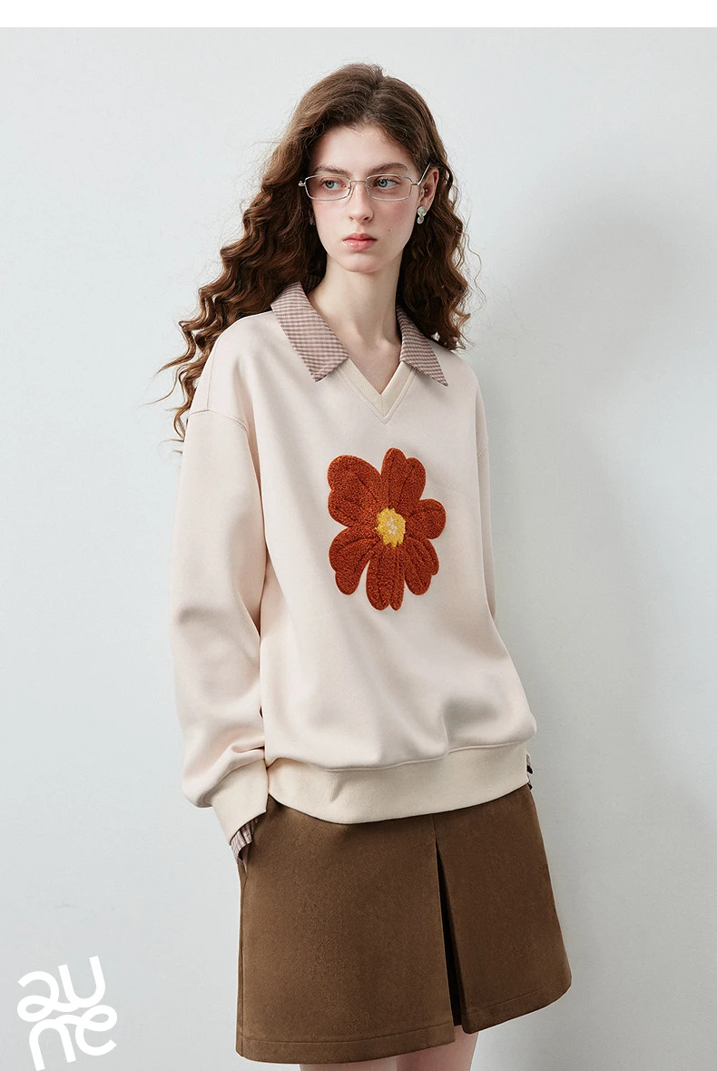 TOYOUTH Women's Fake Two Piece Sweatshirt 2026 Autumn New Arrival Meconopsis Plaid Turn Down Collar Splicing Loose Top