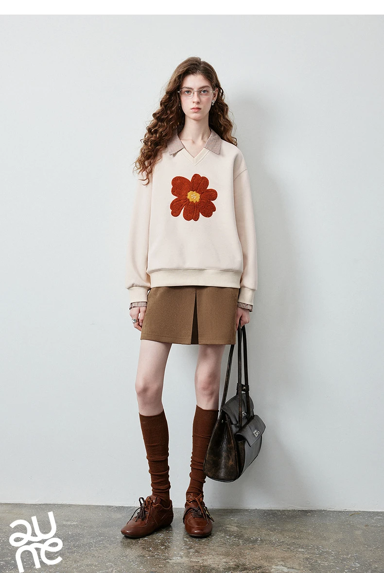 TOYOUTH Women's Fake Two Piece Sweatshirt 2026 Autumn New Arrival Meconopsis Plaid Turn Down Collar Splicing Loose Top