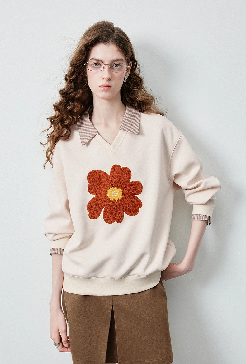 TOYOUTH Women's Fake Two Piece Sweatshirt 2026 Autumn New Arrival Meconopsis Plaid Turn Down Collar Splicing Loose Top