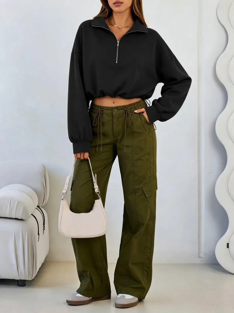 2026 Autumn Winter New Women's Half Zipper Long Sleeve Sweatshirt European American Fashion Short Style Pullover Hoodie Tops Y2k
