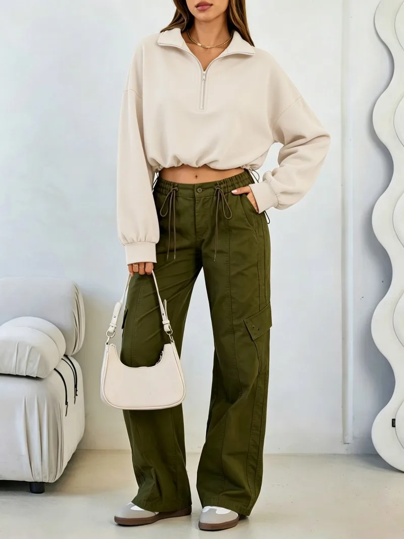 2026 Autumn Winter New Women's Half Zipper Long Sleeve Sweatshirt European American Fashion Short Style Pullover Hoodie Tops Y2k