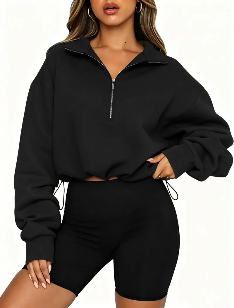 2026 Autumn Winter New Women's Half Zipper Long Sleeve Sweatshirt European American Fashion Short Style Pullover Hoodie Tops Y2k