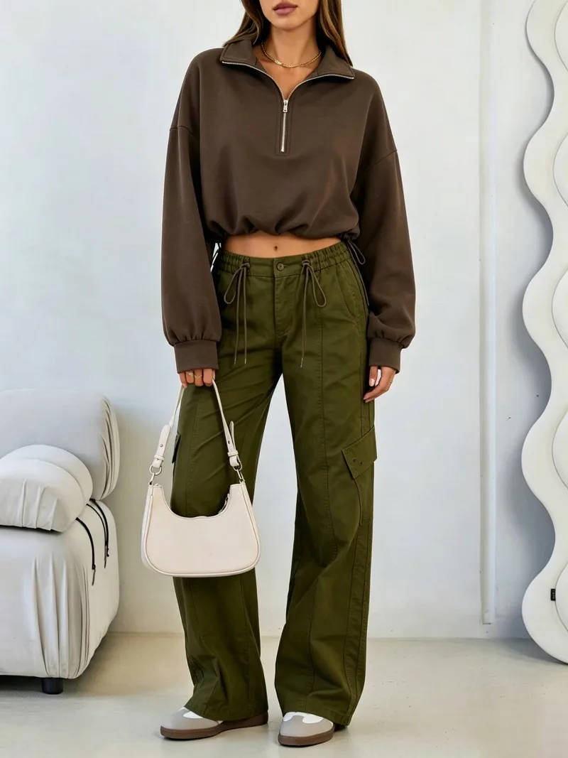 2026 Autumn Winter New Women's Half Zipper Long Sleeve Sweatshirt European American Fashion Short Style Pullover Hoodie Tops Y2k