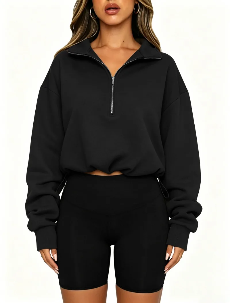 2026 Autumn Winter New Women's Half Zipper Long Sleeve Sweatshirt European American Fashion Short Style Pullover Hoodie Tops Y2k