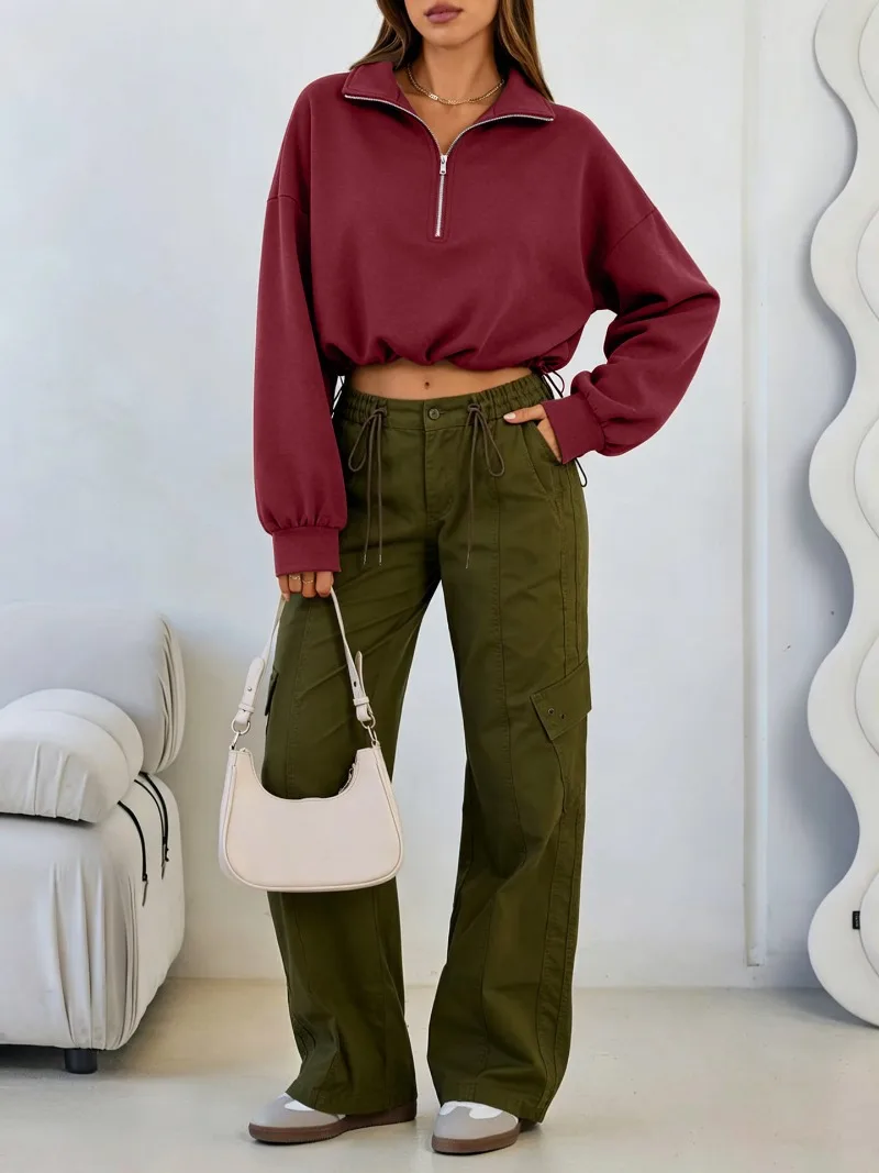 2026 Autumn Winter New Women's Half Zipper Long Sleeve Sweatshirt European American Fashion Short Style Pullover Hoodie Tops Y2k