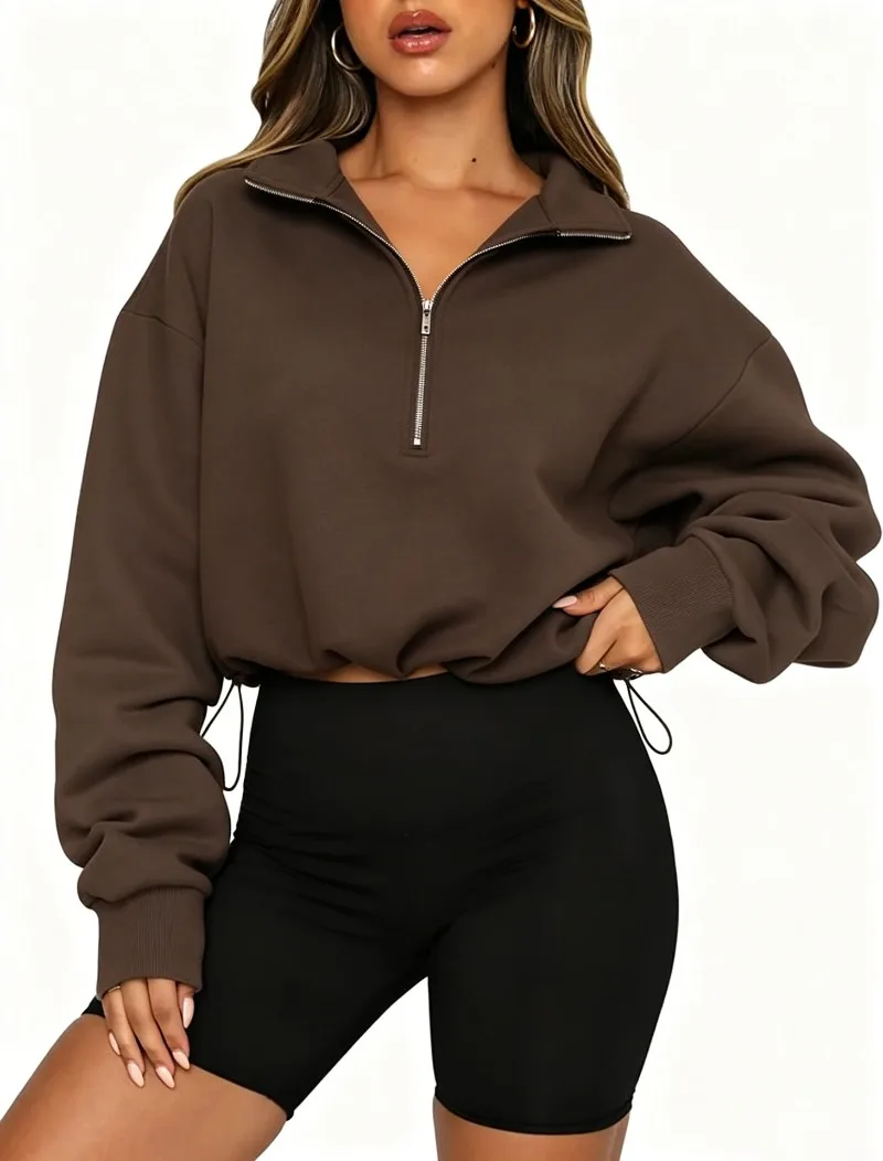 2026 Autumn Winter New Women's Half Zipper Long Sleeve Sweatshirt European American Fashion Short Style Pullover Hoodie Tops Y2k