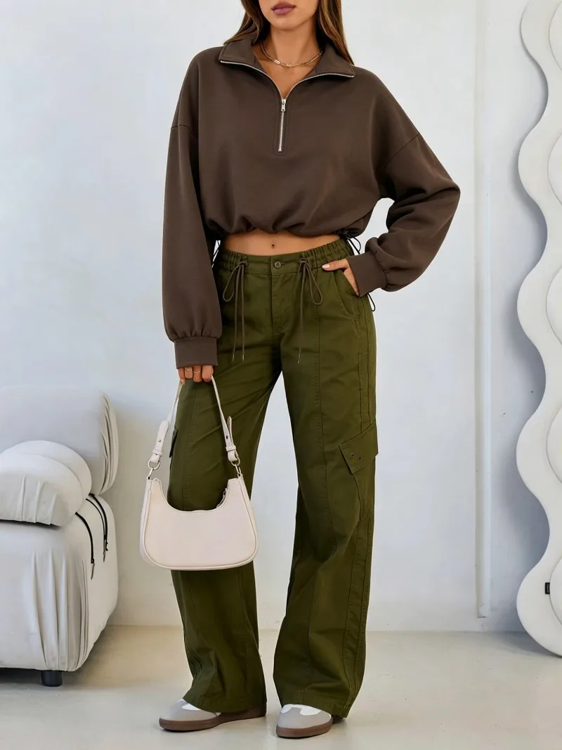 2026 Autumn Winter New Women's Half Zipper Long Sleeve Sweatshirt European American Fashion Short Style Pullover Hoodie Tops Y2k