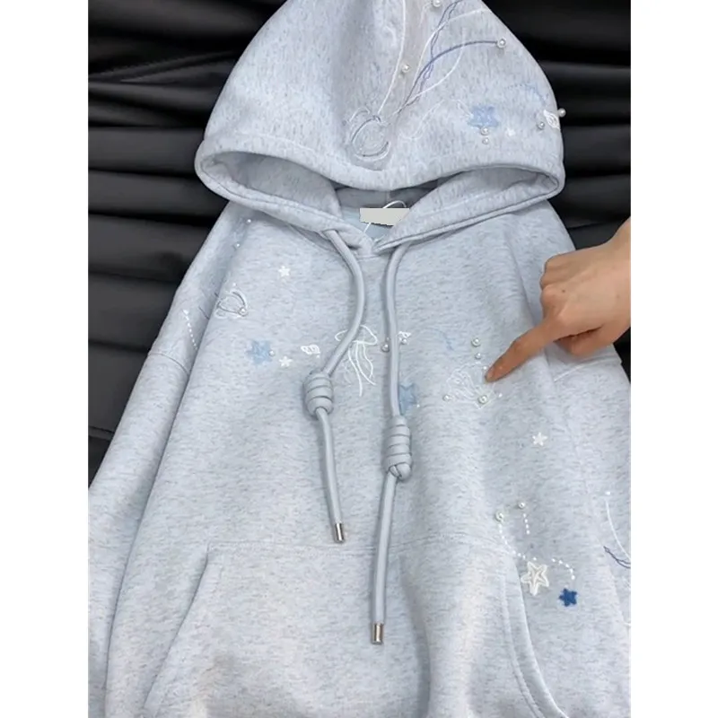 Oversized Women's Hoodies Embroidery Jellyfish Pearl Beaded Drawstring Pocket Loose Coats Casual Long Sleeve Plush Sweatshirt
