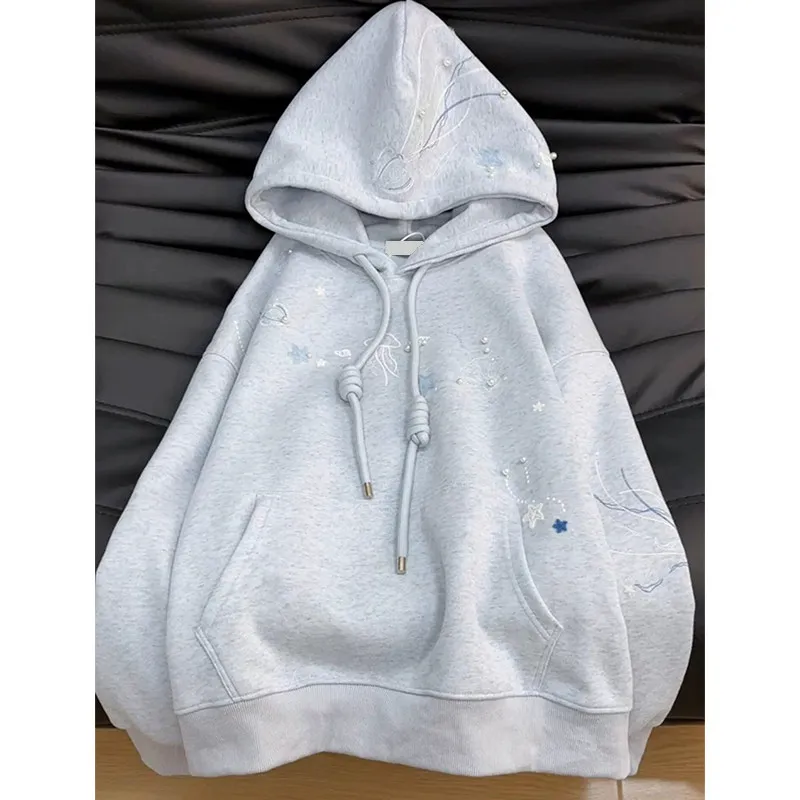 Oversized Women's Hoodies Embroidery Jellyfish Pearl Beaded Drawstring Pocket Loose Coats Casual Long Sleeve Plush Sweatshirt