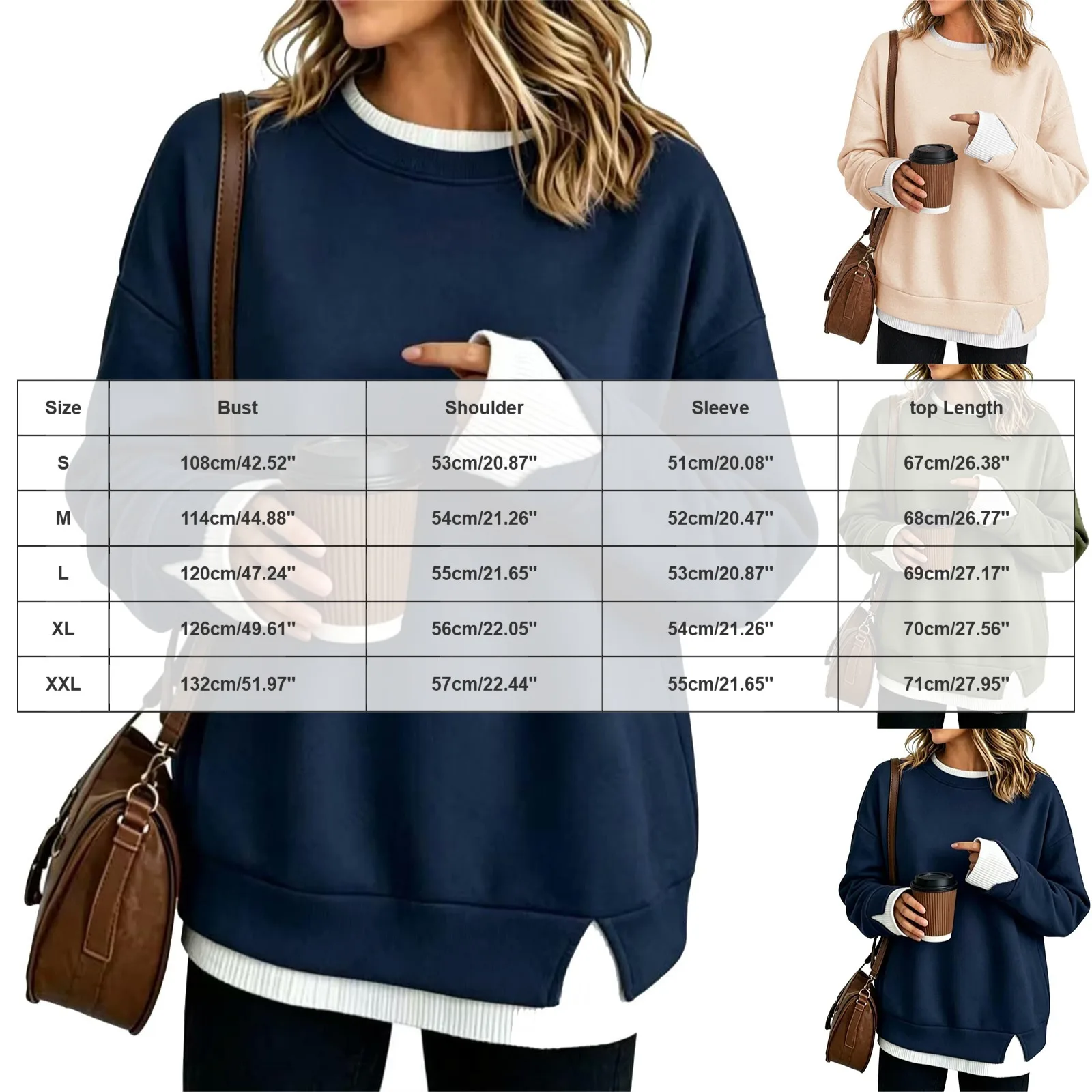 Fake Two-Piece Women Sweatshirts With Side Slit Solid Color Long Sleeve Oversize Sweatshirts Autumn Casual Round Neck Pullover