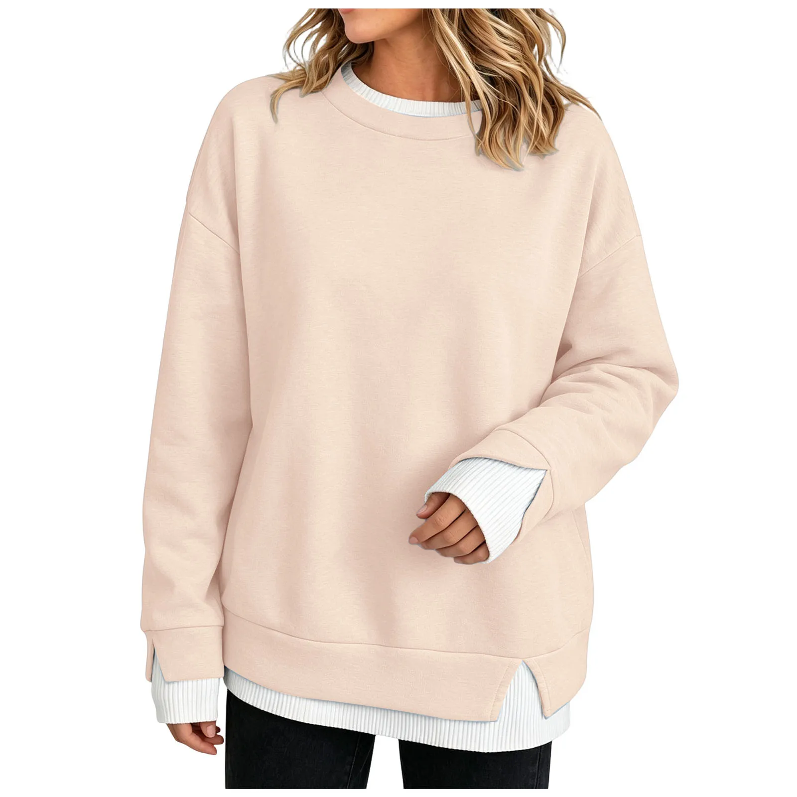 Fake Two-Piece Women Sweatshirts With Side Slit Solid Color Long Sleeve Oversize Sweatshirts Autumn Casual Round Neck Pullover