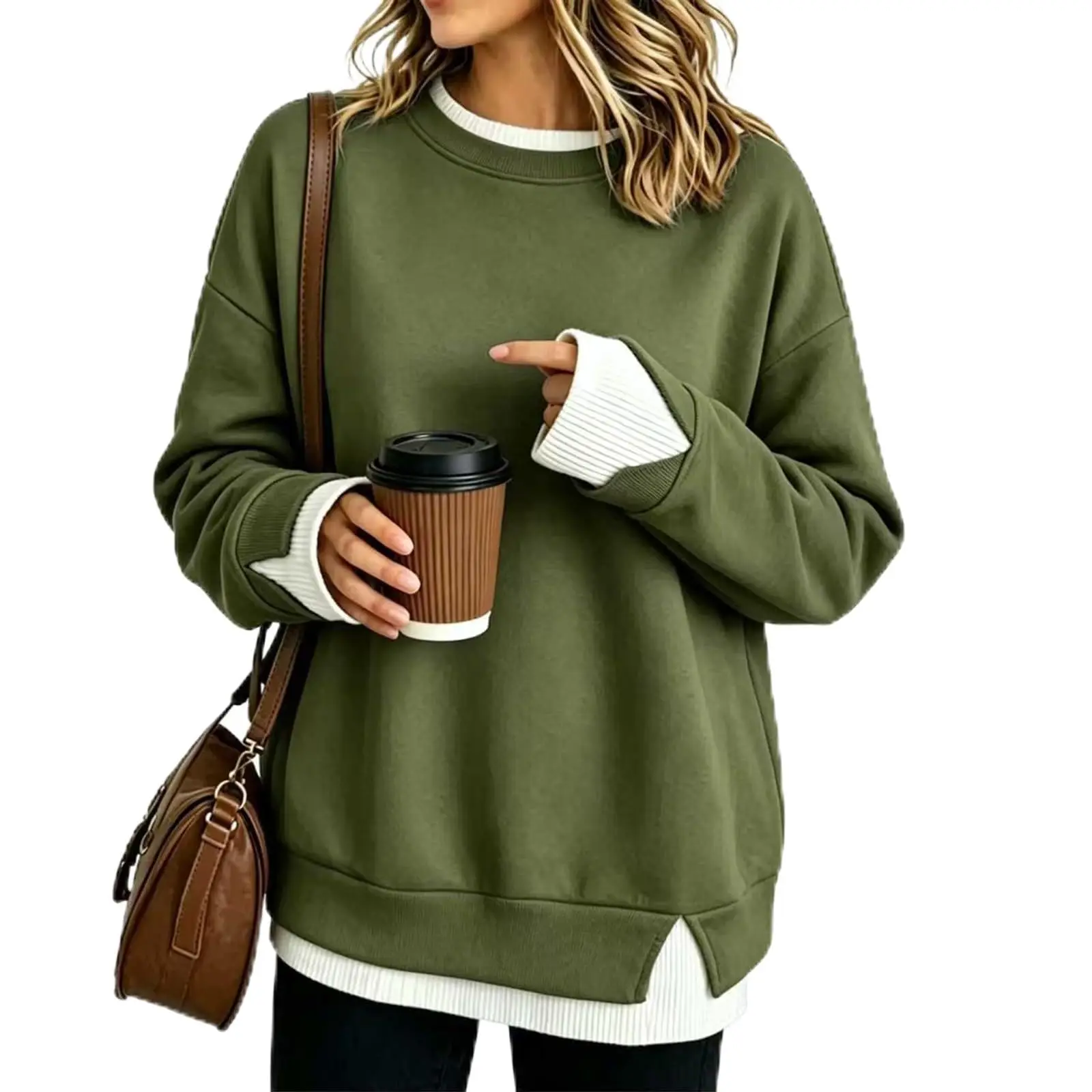 Fake Two-Piece Women Sweatshirts With Side Slit Solid Color Long Sleeve Oversize Sweatshirts Autumn Casual Round Neck Pullover
