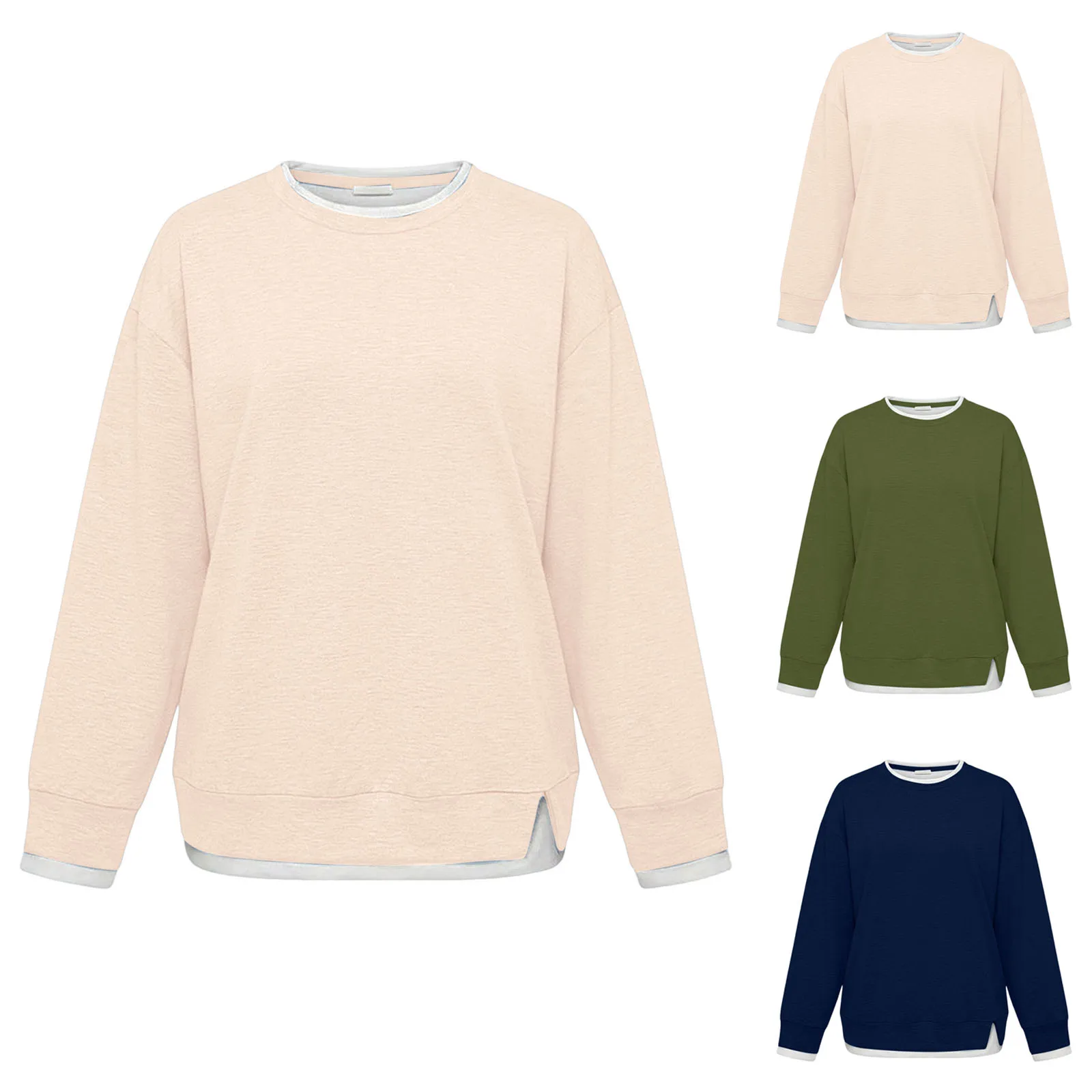 Fake Two-Piece Women Sweatshirts With Side Slit Solid Color Long Sleeve Oversize Sweatshirts Autumn Casual Round Neck Pullover
