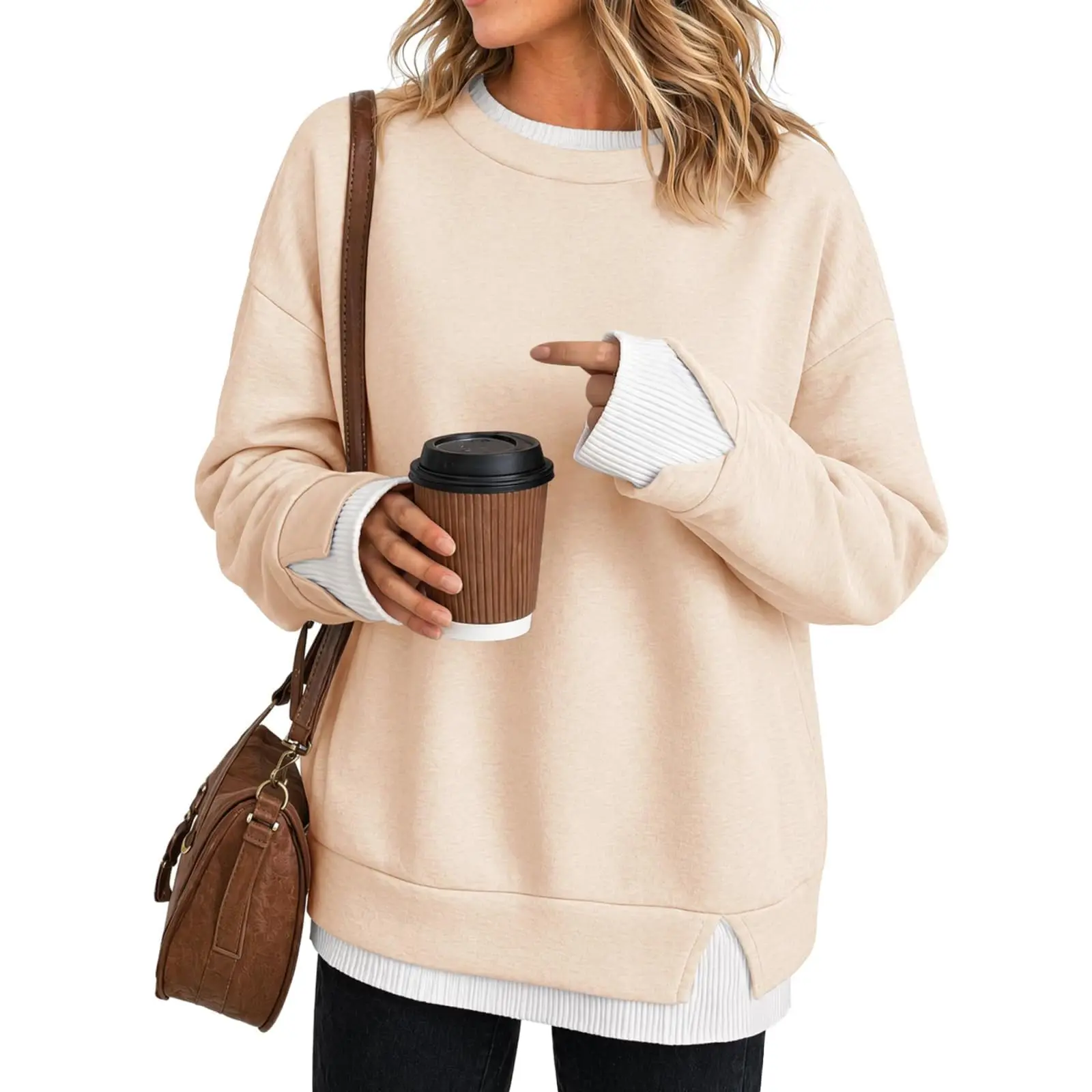 Fake Two-Piece Women Sweatshirts With Side Slit Solid Color Long Sleeve Oversize Sweatshirts Autumn Casual Round Neck Pullover