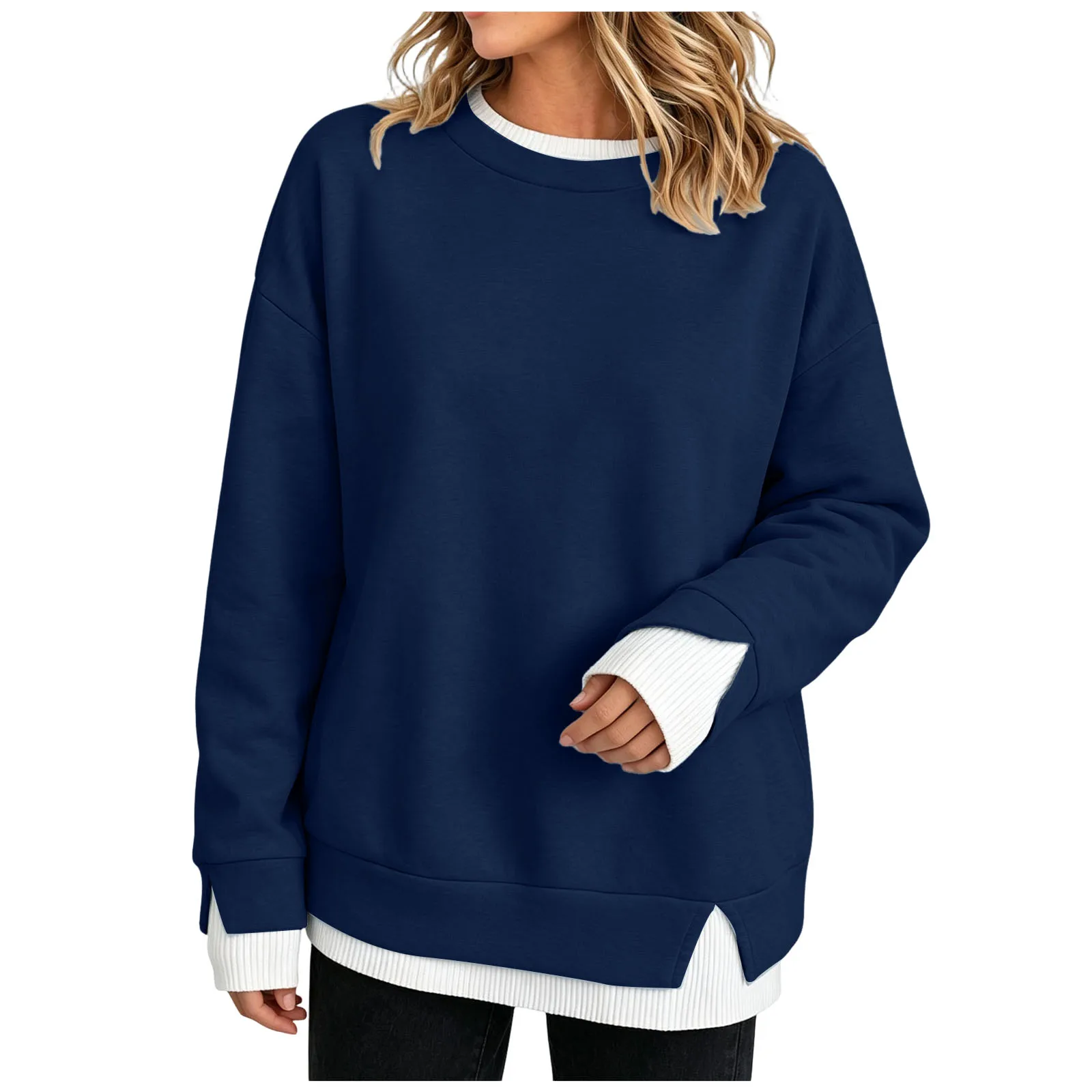 Fake Two-Piece Women Sweatshirts With Side Slit Solid Color Long Sleeve Oversize Sweatshirts Autumn Casual Round Neck Pullover