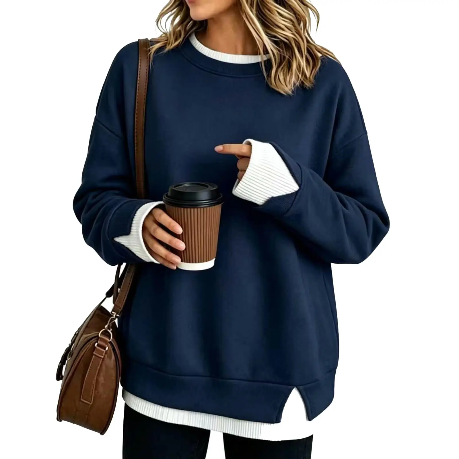 Fake Two-Piece Women Sweatshirts With Side Slit Solid Color Long Sleeve Oversize Sweatshirts Autumn Casual Round Neck Pullover
