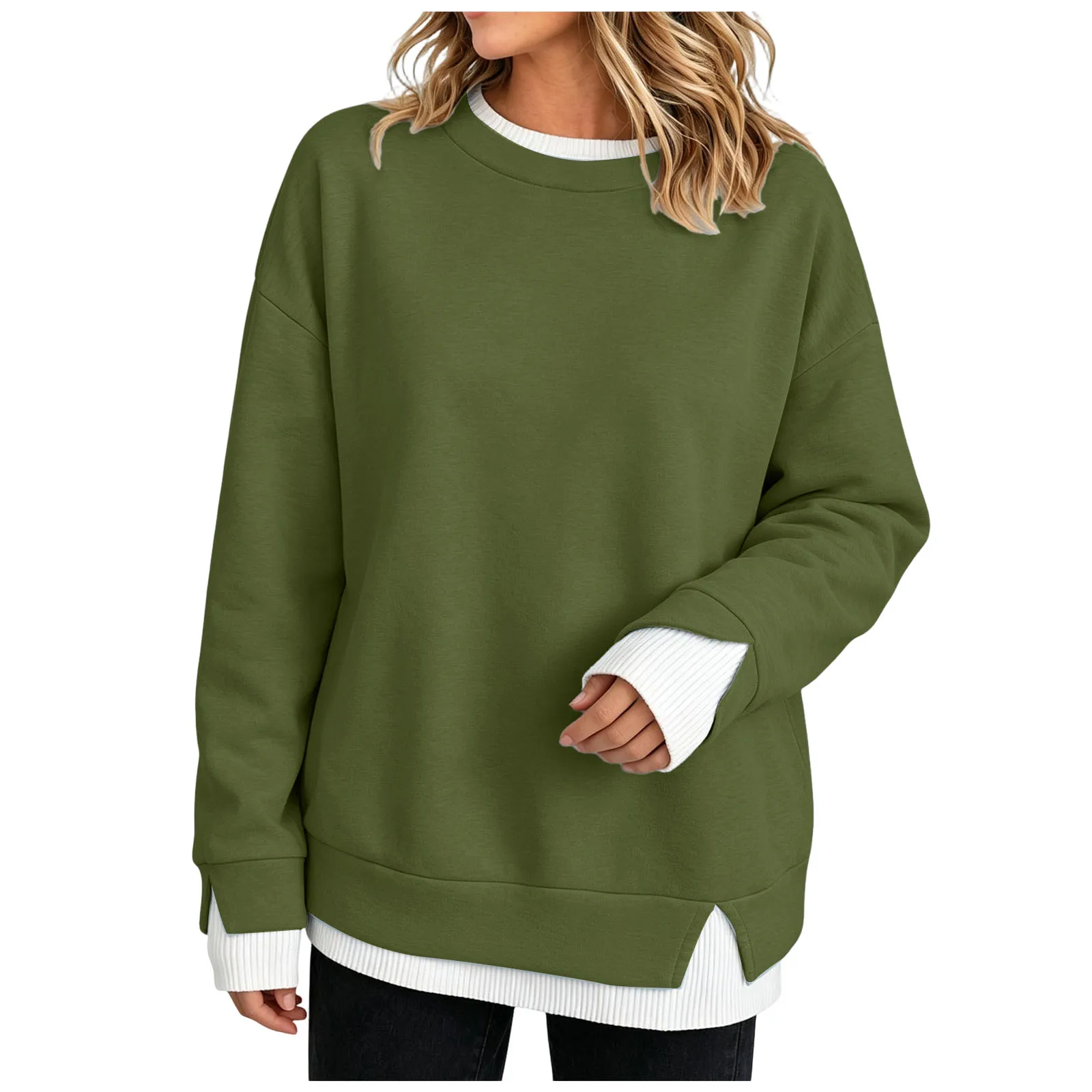 Fake Two-Piece Women Sweatshirts With Side Slit Solid Color Long Sleeve Oversize Sweatshirts Autumn Casual Round Neck Pullover